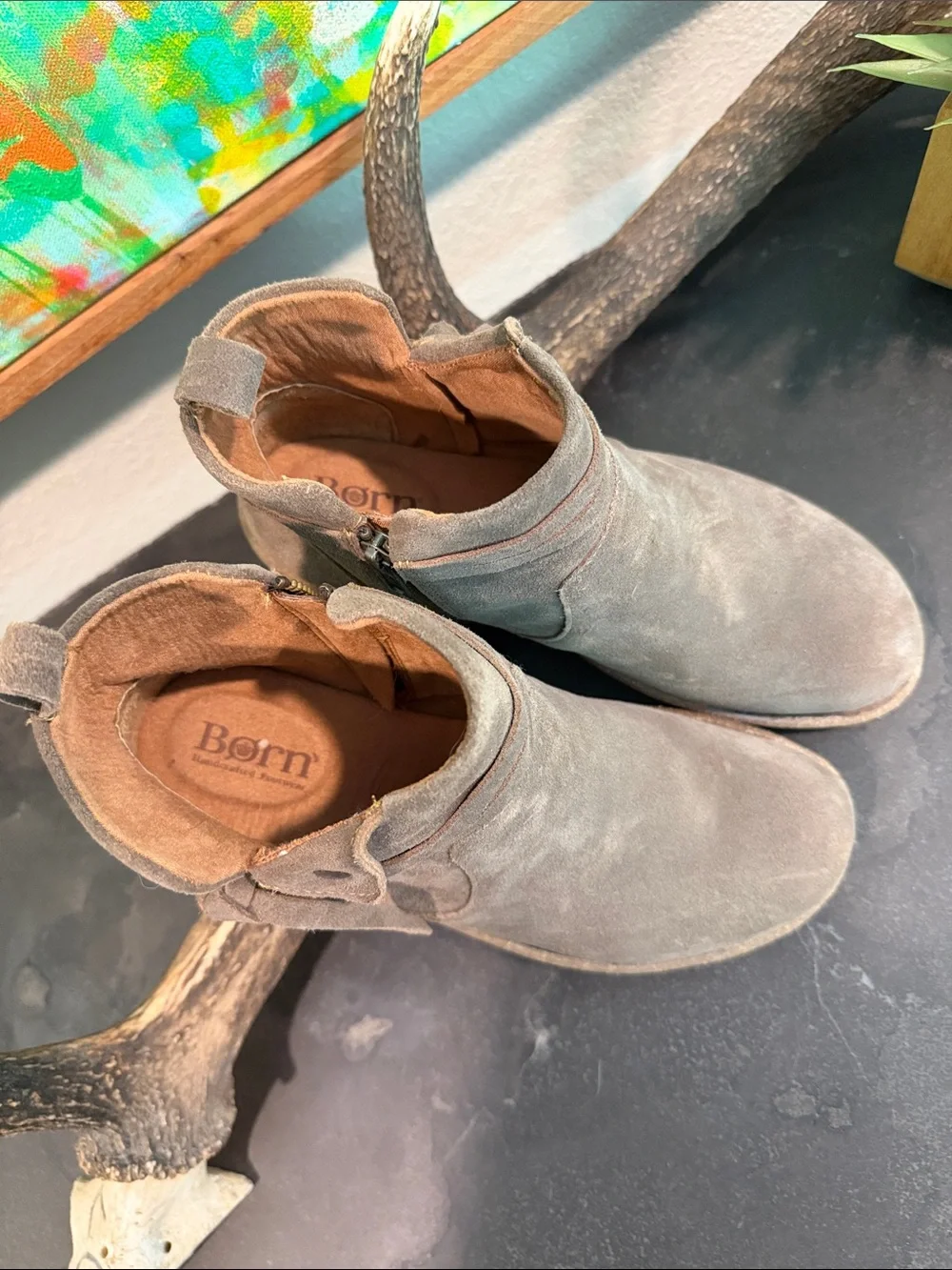 Born Suede Ankle Booties in Taupe with Side Tie